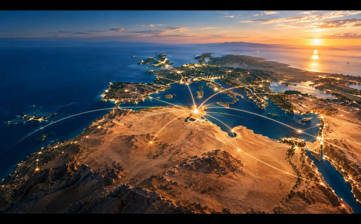 North Africa and the Mediterranean at dusk, threaded with lit corridors