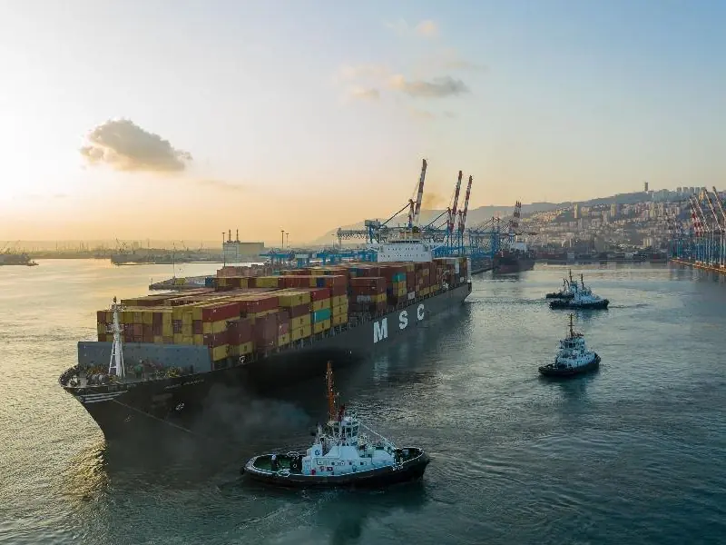 Container ship and gantry cranes at a Mediterranean port at dawn