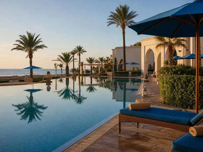 Resort swimming pool framed by palm trees at dusk
