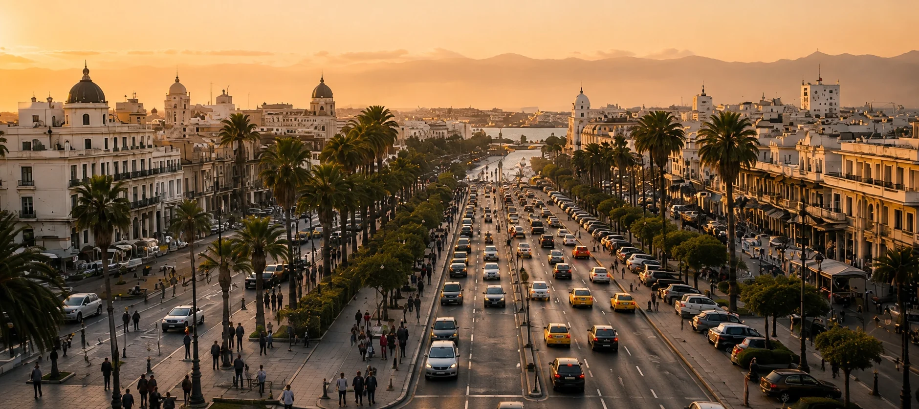 A quiet study at dusk with the Tunis skyline through tall windows