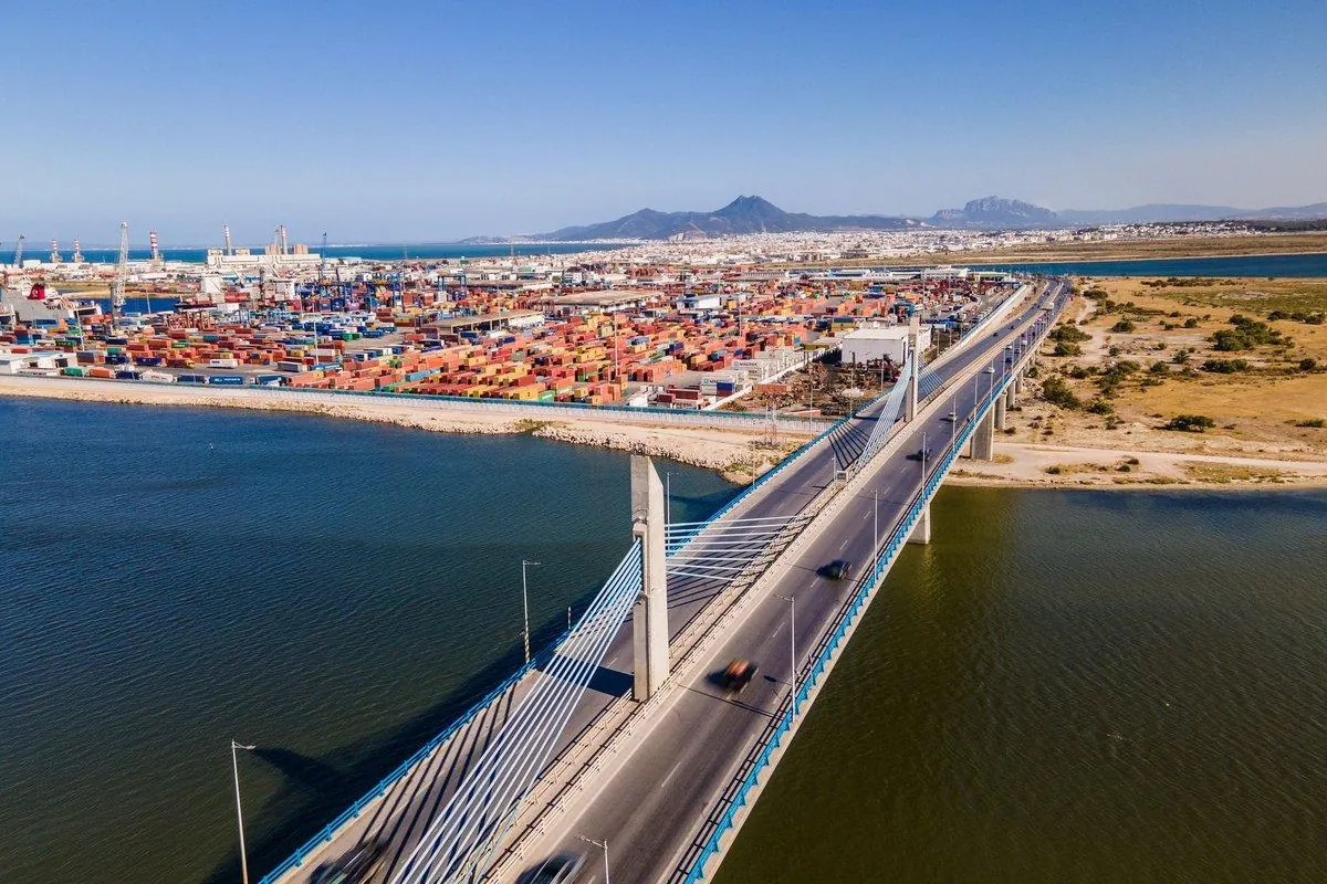 Aerial view of a cable stayed bridge beside a container terminal
