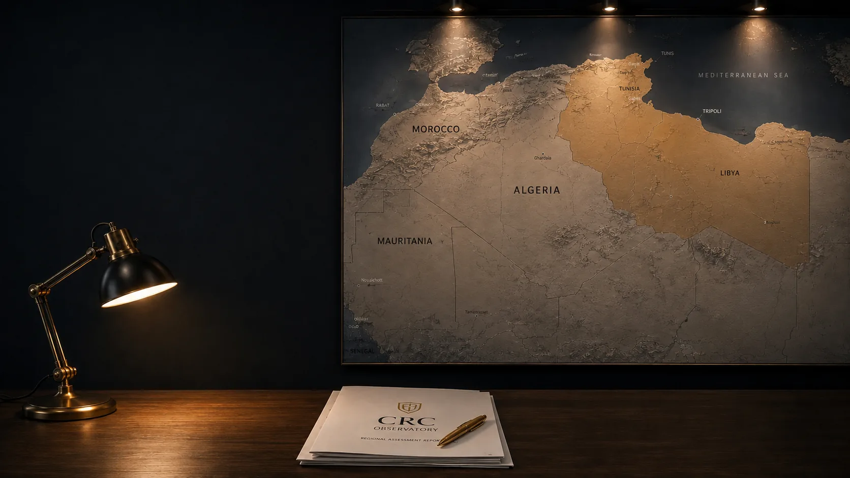 An analyst desk at night with a wall map of North Africa, an open report and a stack of CRC Observatory papers