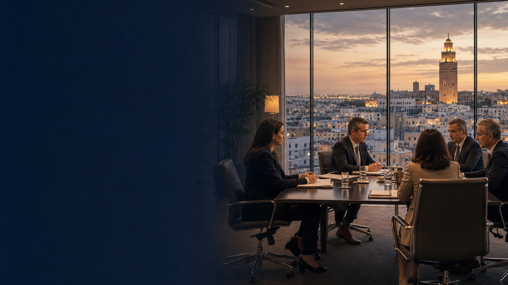 A senior meeting at a boardroom table with the city beyond the window at dusk