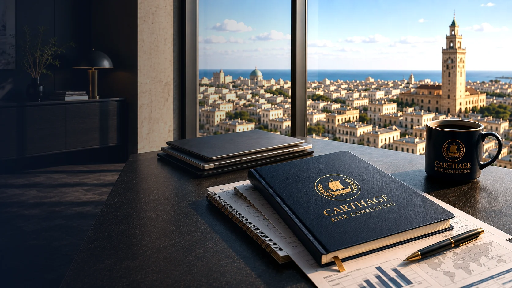 A Carthage Risk Consulting notebook and briefing papers on a desk, with the Tunis skyline beyond the window