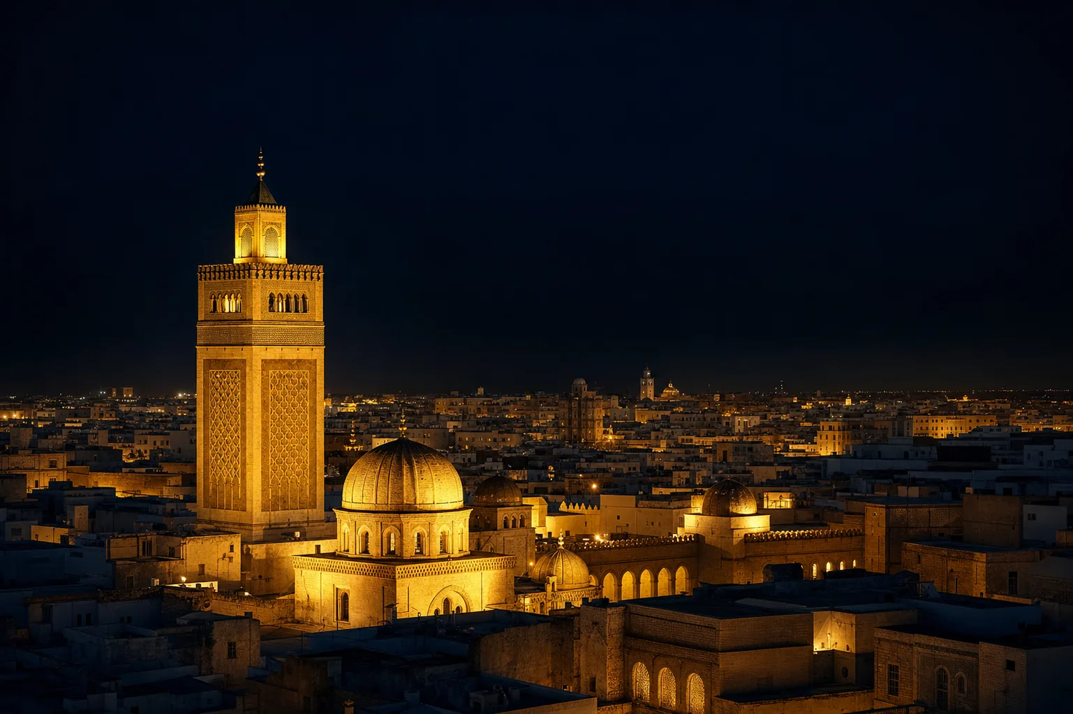A lit minaret and domes above a North African old town at night